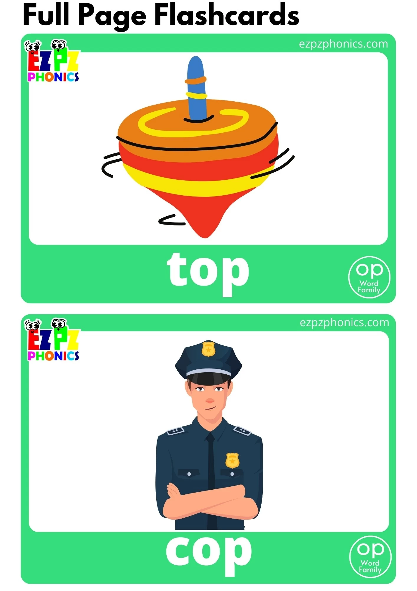OP Word Family Full Page Flashcards With Words Phonics Letter Sounds Flashcards Free PDF Download or View Online for Kindergarten and ESL Students
